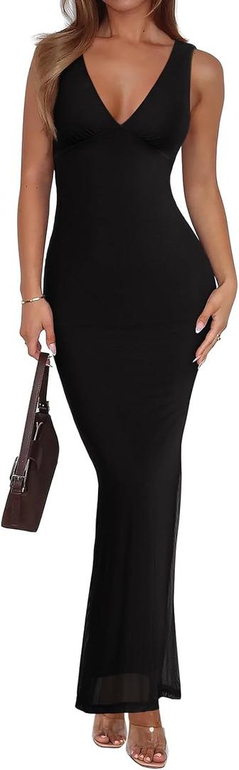 REORIA Women's Summer V Neck Sleeveless Wedding Guest Maxi Dress Sexy Mesh Bodycon Long Dresses (Black Onyx) XL