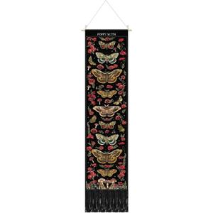 Tegeme Vintage Tapestry 52 x 13 Inch, Long Vertical Wall Hanging Reference Illustrative Botanical Insect Tassel Tapestry for Bedroom Living Room Home Decoration (Poppy Moth)