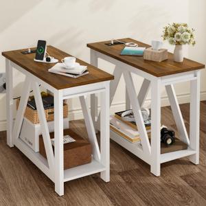 AURINEST Farmhouse End Table Set of 2 Living Room, Narrow Sofa Side Table with Charging Station, Slim Nightstands for Small Space, Skinny Bedside Table for Bedroom, White, Honey Wood