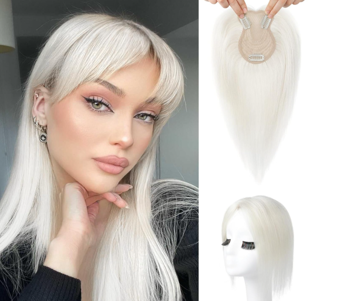 Flufymooz 100% Real Human Hair Toppers for Women, 10 Inch Clip in Human Hair Topper for Thinning Hair, 360°3D Cover Clip in Bangs Natural Hairpiece With 4.5'' x 3'' Silk BaseSilver White
