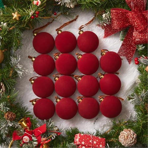 Brightown   Red Velvet Christmas Balls, 3.15 Inch Velvet Ornaments for Christmas Tree, Christma Tree Flocked Ornaments Balls for Family Holiday Wedding Party Xmas Hanging Decoration