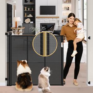 Reinforced 42" Extra Tall Pet Gate 55" Wide Retractable Baby Gate with Support Rods - Retractable Dog Gate Indoor/Outdoor Retractable Gate, Bottom Anti-Escape Tall Dog Gates for Doorways, Black