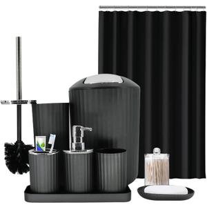 Black Bathroom Accessories Set, 9-Piece Bathroom Accessory Sets Complete with Trash Can, Shower Curtain, Vanity Tray, Soap Dispenser, Soap Dish, Toothbrush Holder, Toothbrush Cup and Toilet Brush
