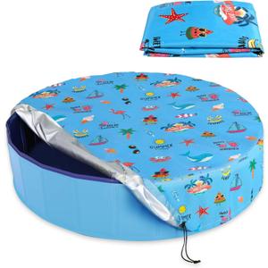 Round Pool Cover 63"(5 Ft), Foldable Kiddie Solar Cover Fit Dog Swimming Pool, Pets Kids Bath Tub, Anti-UV Dustproof Safety Pool Cover with Summer Beach Patterns