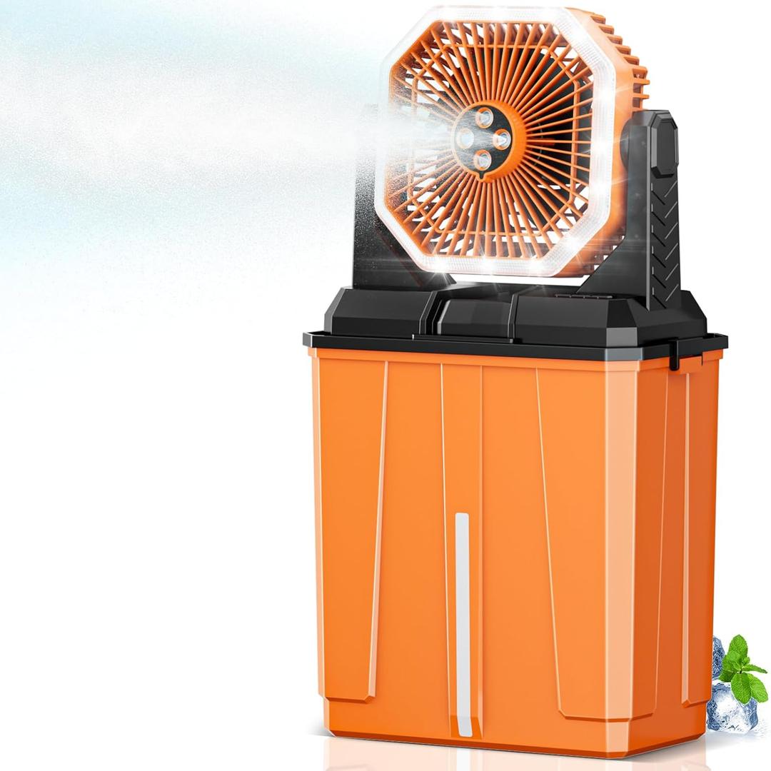 Portable Misting Fan, Rechargeable Outdoor Cooler, Battery Operated Personal Fan with3 Speeds & 8L Bucket for Patio, Camping,Hiking, Backyard, Travel, Desk,Pool, Beach (24000mAh-Orange)