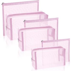 6 Pieces Mesh Makeup Bags Mesh Cosmetic Bag Portable Travel Organizing Zipper Pouch Toiletries Makeup Pouches for Home Office Travel Accessories (Light Pink)