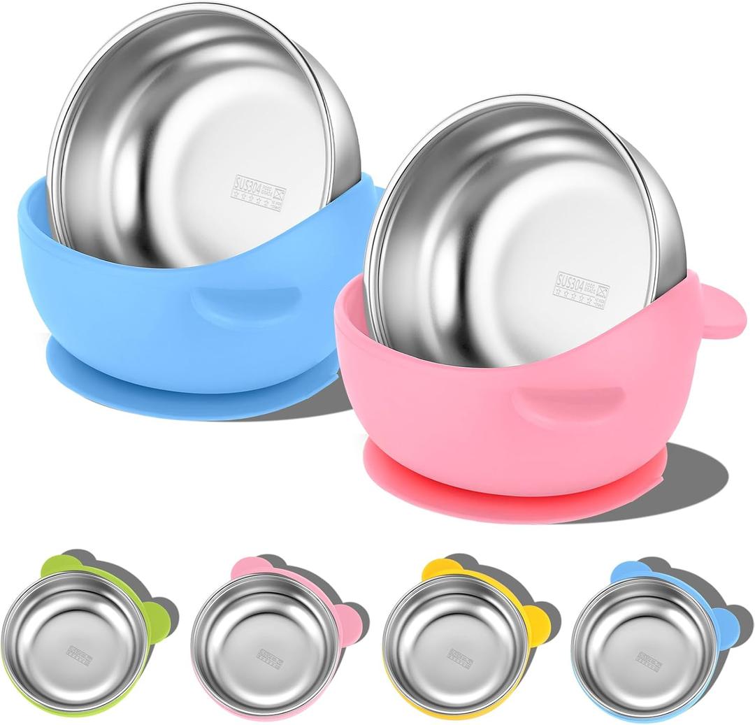 6 Pack 304 Stainless Steel Baby Bowls with Removable Non-Slip Silicone Shell, 2-in-1 Suction Bowls for Baby, Scald-Resistant Food Containers, for Kids, Babies Food Feeding(Blue Pink Series Color)