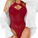 Girece Women Teddy Lingerie Sexy Snap Crotch Lace Bodysuit Halter One Piece Lingerie Top with Underwire Push Up Bra, Medium