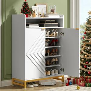 ONBRILL Shoes Cabinet for Entryway,6-Tier Shoe Storage Cabinet with Hombus Line Doors and Adjustable Shelves, Wooden Shoes Rack Modern Shoe Storage Organizer for Hallway, Living Room, White & Gold