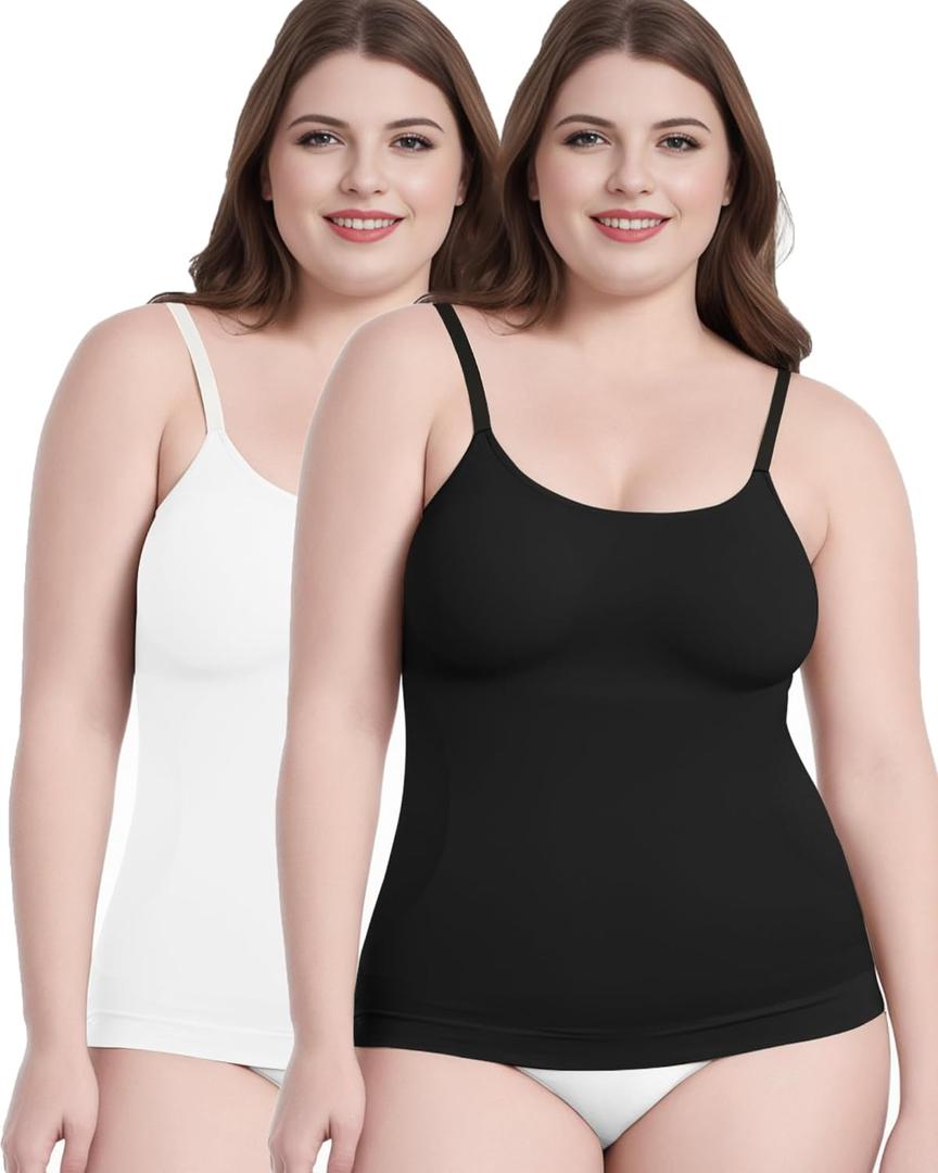 AURUZA Women's Shapewear Tummy Control Scoop Neck Camisole Tops for Women Seamless Compression Tank Top Regular and Plus Size (X-Large, Black+white)