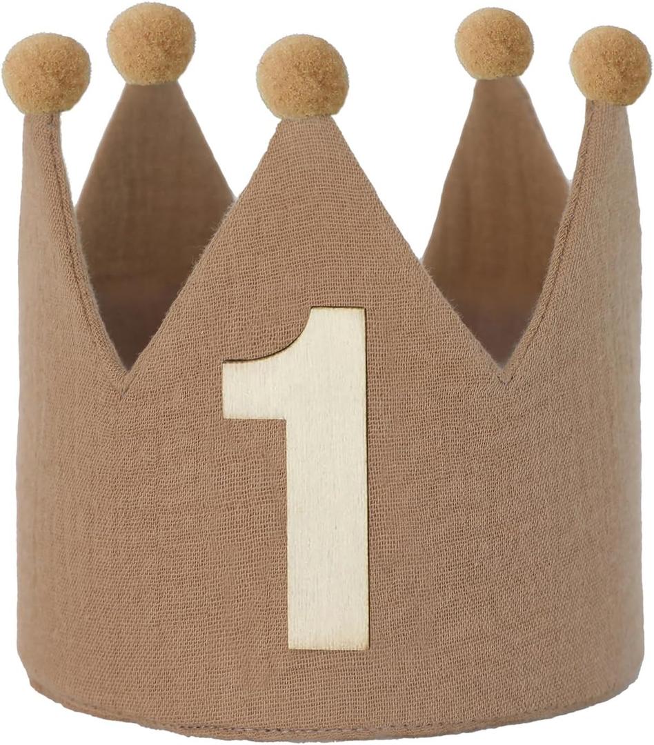 Handmade Crown Hat 1st Birthday for Baby Boy Girl 1-3 Years Birthday Party Decoration Headband (Brown)
