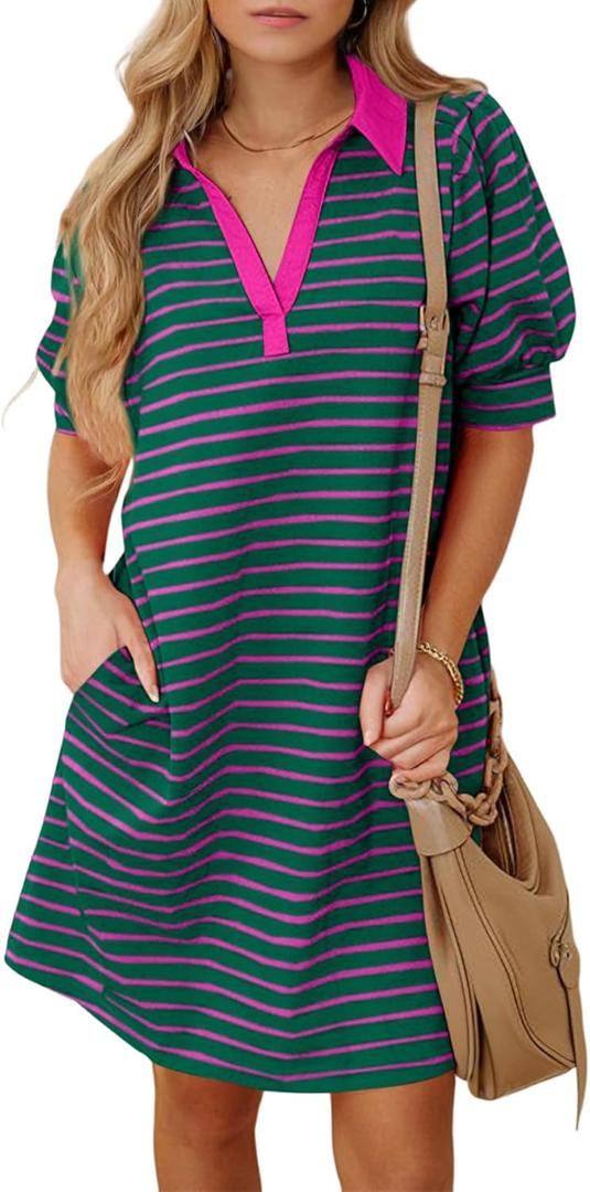 BLENCOT Summer Stripes Dresses for Women Casual Lapel Collared V Neck Puff Short Sleeve Color Block T Shirt Dresses Green XL