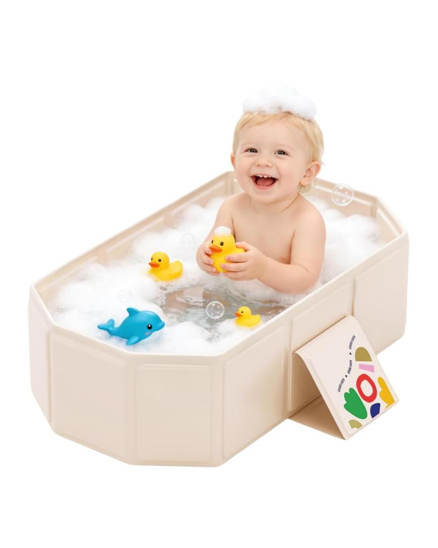 Collapsible Baby Bathtub for Newborns to Toddlers, Foldable Infant Bath Tub with Non-Slip Base, Large Portable Travel Shower Basin for Small Spaces, Camping, Easy Storage, White