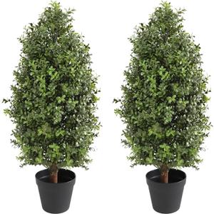 30" Tall Artificial Boxwood Topiary, 2 Pcs Outdoor Ready Artificial Boxwood Topiaries Trees, Natural Looking Fake Potted Shrubs