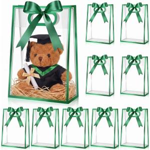 Aliceset Clear Plastic Gift Bag with Die Cut Handle Reusable PP Favor Bag with Ribbon for Graduation Wedding Bridal Birthday Baby Shower Party Small Business,10x7x3.15in(Green Foil,12 Pcs)
