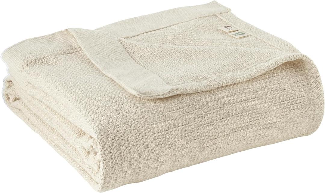 100% Organic Cotton Blanket - GOTS & Fairtrade Certified Organic Cotton Throw Blanket for Bed with a Heavy & Breathable Single Knit Weave - Great as Bedspread or Coverlet (Natural, King/Cal King), Full/Queen