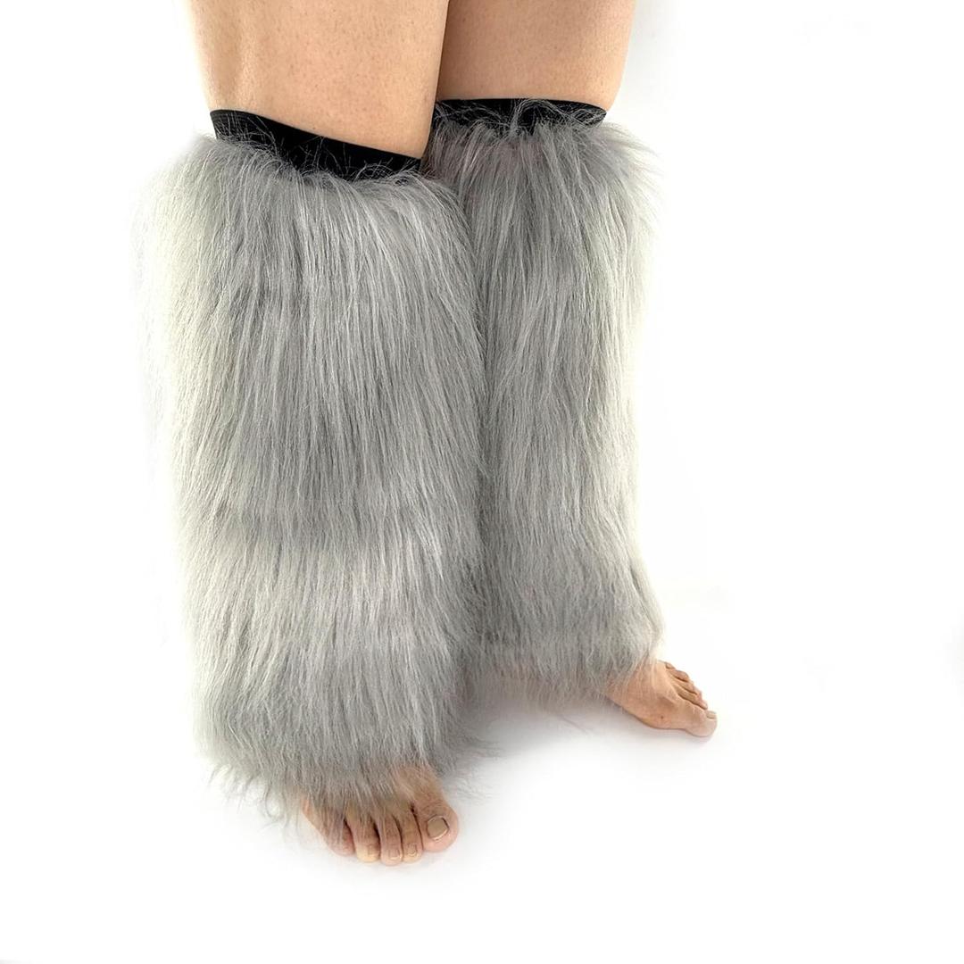 FHQHTH Fuzzy Faux Fur Leg Warmers Fur Heels Long Boots Cuff Cover has Elasticity One Pair Dionysia Boot cover Carnival 18" (Grey)