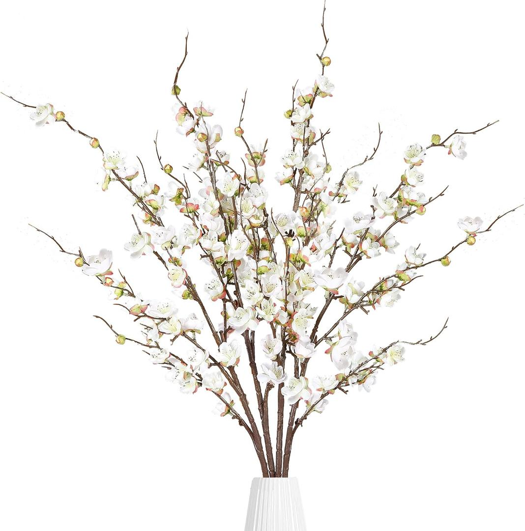 Sggvecsy Artificial Plum Blossom Flowers 4 Pcs Faux Cherry Blossom Stems Faux Silk Plum Blossom Branches 36.2" Fake Flowers Long Stems for Vase Arrangements Home Wedding Table Decor (White)