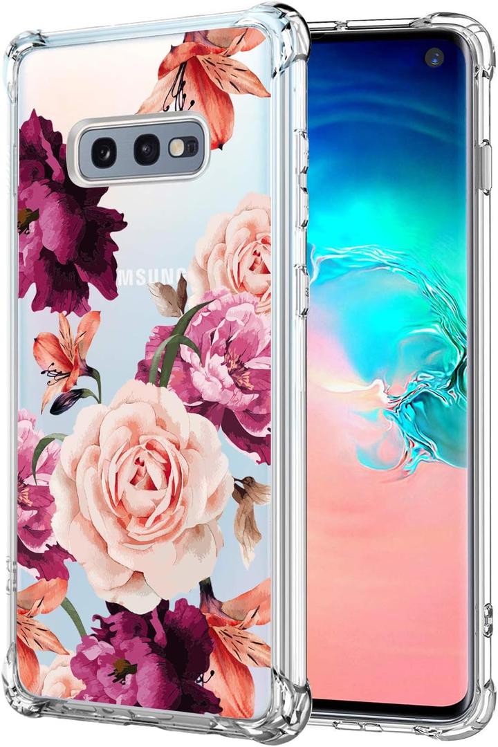 KIOMY Clear Case for Samsung Galaxy S10E, Shockproof Bumper Protective Cover with Airbags Corners Hybrid Design Hard PC Back with Flexible TPU Frame Cute Red Flower Floral Design (Rose Pink)
