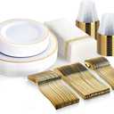 M MCIRCO 175 Piece Gold Dinnerware Set - 50 Gold Rim Plastic Plates - 25 Gold Plastic Silverware - 25 Gold Paper Napkins, 25 Guest Disposable Gold Dinnerware Set