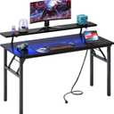 DlandHome 47" Computer Desk with Power Outlets & LED Lights, Black, Bedroom