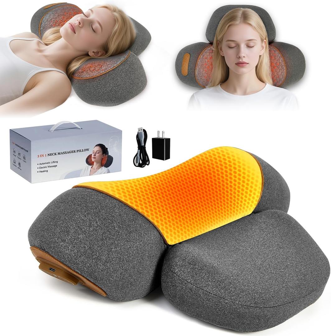 Cordless Electric Neck Massager Pillow for Pain Relief Deep Tissue, 3-in-1 Rechargeable Neck Cervical Traction Device with Heat, Massage, Electric Stretch, Ergonomic Neck Shoulder Relaxer