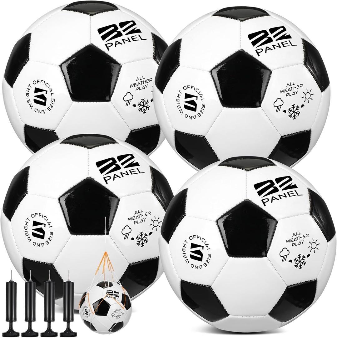 Shappy 4 Pcs Operation Christmas Deflated Soccer Ball Bulk with Pump Mesh Bag Official Size 3 4 5 Indoor Outdoor Colorful Sport Gift Child Adult Charity Donation (Black, White)