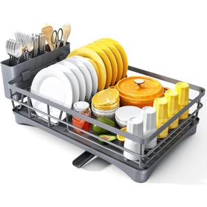 Dish Drying Rack for Kitchen Counter - Large Dish Rack with Drainboard, Rustproof Dish Drainer with Utensil Holder for Sink, Grey