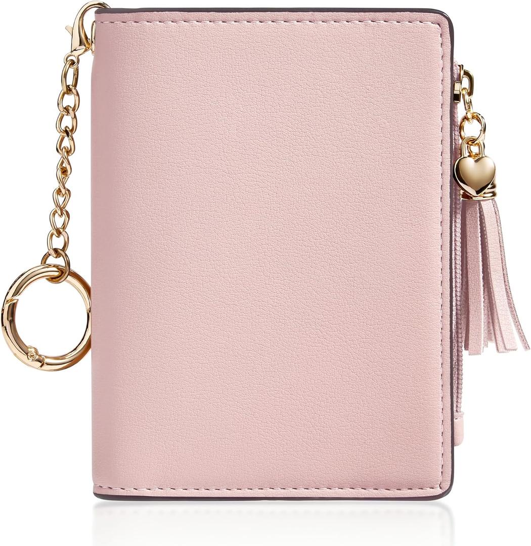Gostwo Small Wallets for Women, Stylish Womens Wallet with ID Window, Zippered Coin Pocket and Tassel. Cute RFID Wallet for Women, ideal for Teen Girls, Commuters, and Women for Daily Use (Pink With Key Chain)