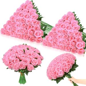 80 Pcs Roses Artificial Flowers, Silk Pink Artificial Flowers Petals Long Stem Roses for Wedding Bouquet Home Party Decor