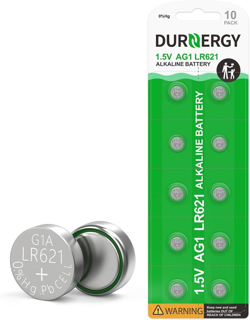 DURNERGY SR621SW Watch Battery 10 Pcs, AG1 Battery Watch Batteries 364 363, Alkaline Coin Button Cell Battery, LR621 Green Battery