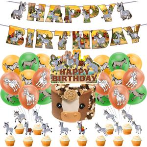 Donkey Party Decorations - Happy Birthday Banner, Cake & Cupcake Toppers, Balloons
