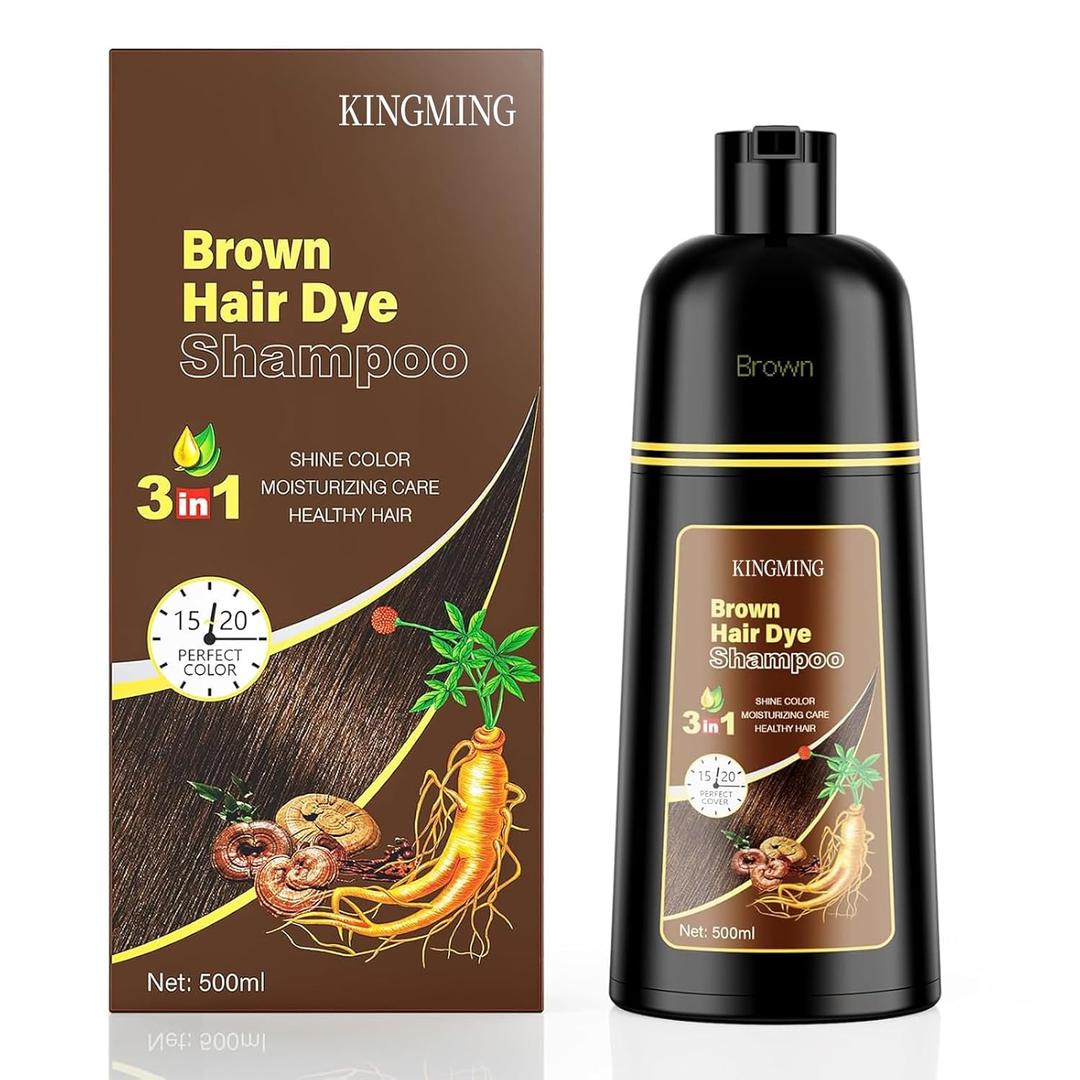 KINGMING Hair Dye Shampoo 3 in 1 for Gray Hair, Hair Color Shampoo for Women Men Grey Hair Coverage (Brown)