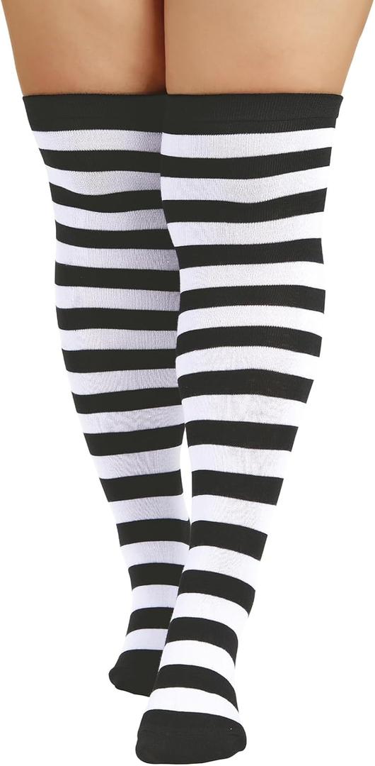 Zando Black and White Striped Socks Plus Size Thigh High Socks for Women Plus Size Striped Socks Striped Thigh High Socks Plus Size Thigh High Stockings Long Thigh High Socks Black Striped One Size
