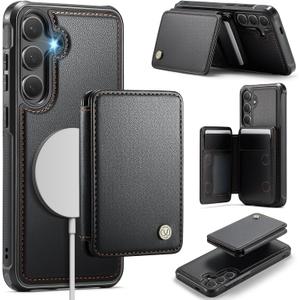 Compatible with Magsafe for Samsung Galaxy S25 Plus Wallet Case Magnetic Card Holder, RFID Blocking 2 in 1 Detachable Kickstand Shockproof Case for Women Men, Black