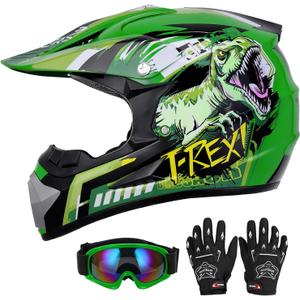 DOT Youth Dirt Bike Helmet with Goggles & Gloves for 5-14 Years Old, Kid ATV Helmets for Youth Boys Girls, Four Wheeler Helmet, Motocross BMX MX UTV Offroad Street Go Kart Dirt Bike Dinosaur, Small 