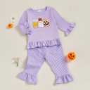 Toddler Girl Halloween Outfit Boo Embroidery Long Sleeve Ruffle Shirt Top Plaid Pants Set 2 Piece Fall Clothes (12-18 Months, Purple)