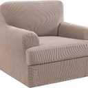 H.VERSAILTEX Stretch T Cushion Armchair Cover 2 Piece Chair Covers for Living Room Furniture Cover Suit for Box Cushion, Spandex Jacquard Fabric Small Checks (Armchair-Oversized, Sand)