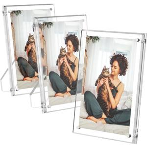 AITEE 4x6 Acrylic Picture Frames 3 Pack, Clear Picture Frames with Stand, Magnetic Frame Acrylic Lucite Frameless Transparent Cubes Floating Gift for Home Office Desktop Display Horizontally 