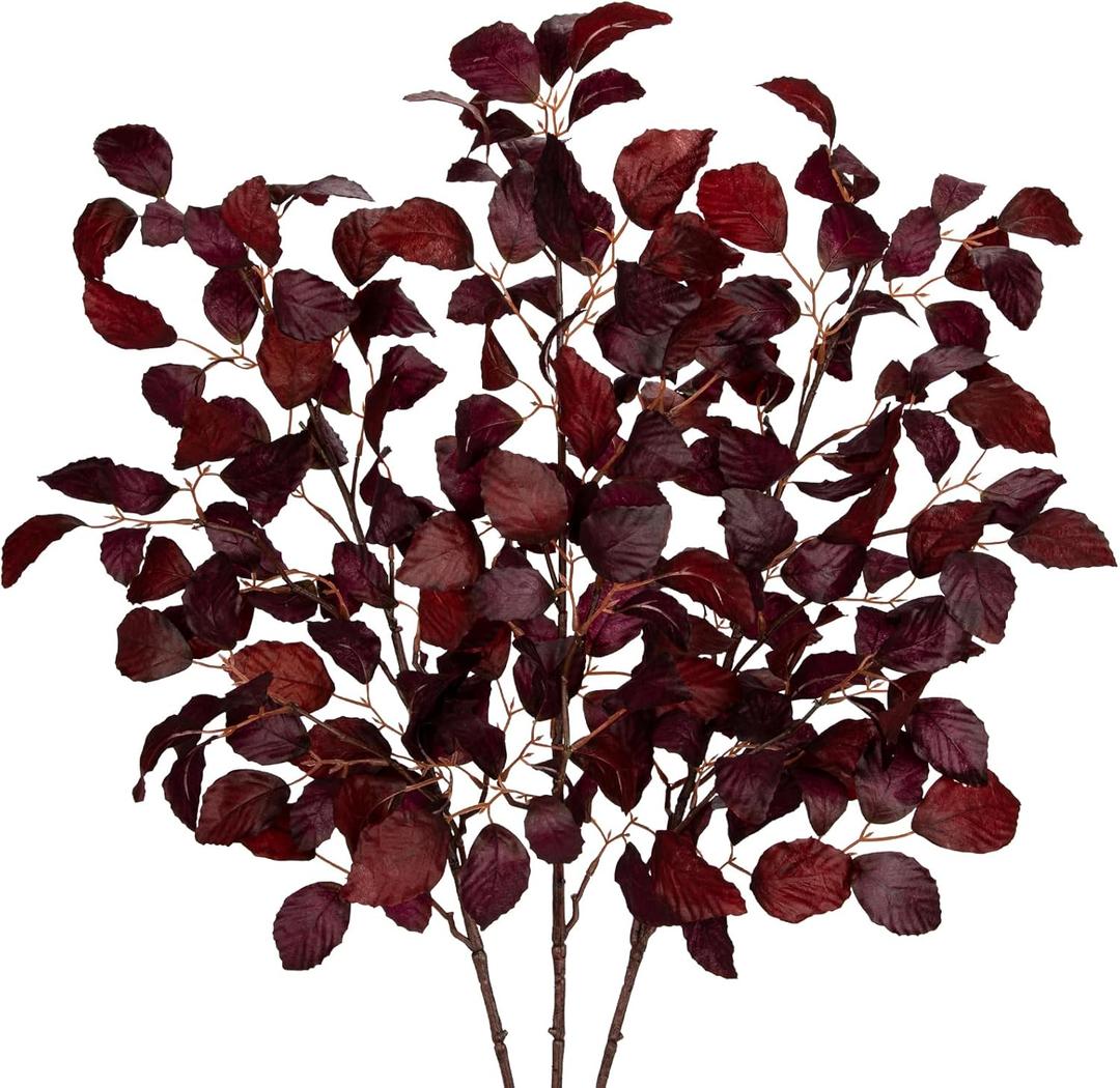 3PCS Artificial Fall Leaf Stems Autumn Leaves Fake Fagus Sylvatica Folige Burgundy Faux Beech Leaf Branch, Long Stems for Floral Arrangements Autumn Decoration