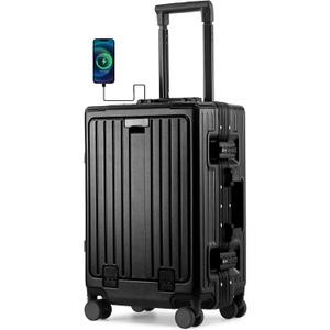 UrbanExplorer 20 Inch Carry On Luggage TSA Approved, Aluminum Frame Zipperless Luggage Carry On with Compartment for Short Trips, ABS+PC Hard Shell Suitcases with Spinner Wheels, Black