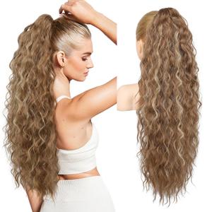 REECHO Ponytail Extension 30" Long Claw Clip Ponytail Extension Curly Wavy Pony Tails Hair Extensions Clip in Synthetic Hairpiece for Women, Light Brown with Highlights