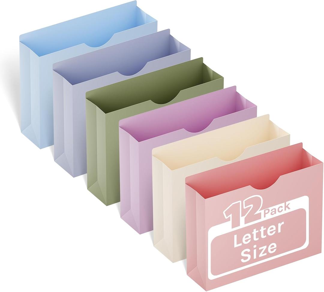 ANSOOK Plastic Manila File Folders Letter Size,12 Pack Expanding File Jackets & File Pockets,Heavy Duty 3" Expansion Manila Pocket Folders with Straight Cut Tab,File Cabniet Folders for Office School (Morandicolor)