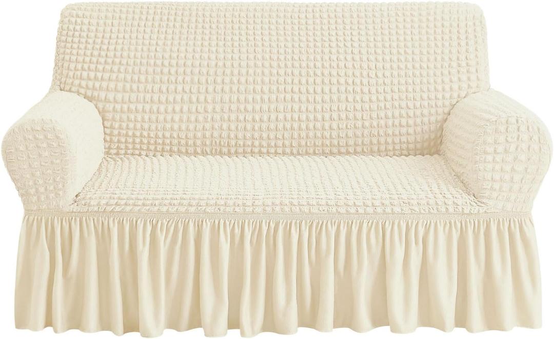 NICEEC Loveseat Slipcover Beige Loveseat Cover 1 Piece Easy Fitted Sofa Couch Cover Universal High Stretch Durable Furniture Protector Love Seat with Skirt Country Style (2 Seater Beige) (Medium)