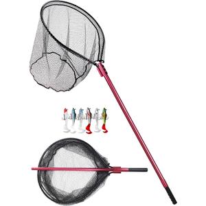 Heavy Duty Extra Large Aluminum Telescoping Landing Net - Saltwater Fishing Net with 6pcs Soft Jig Swimbait, Extends to 72-94in (Red)