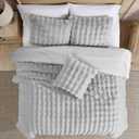 Riverbrook Home Wavy Faux Fur Comforter Bedding Set, Full Queen Size, Textured Decorative Dcor, Gray, 4 Pieces