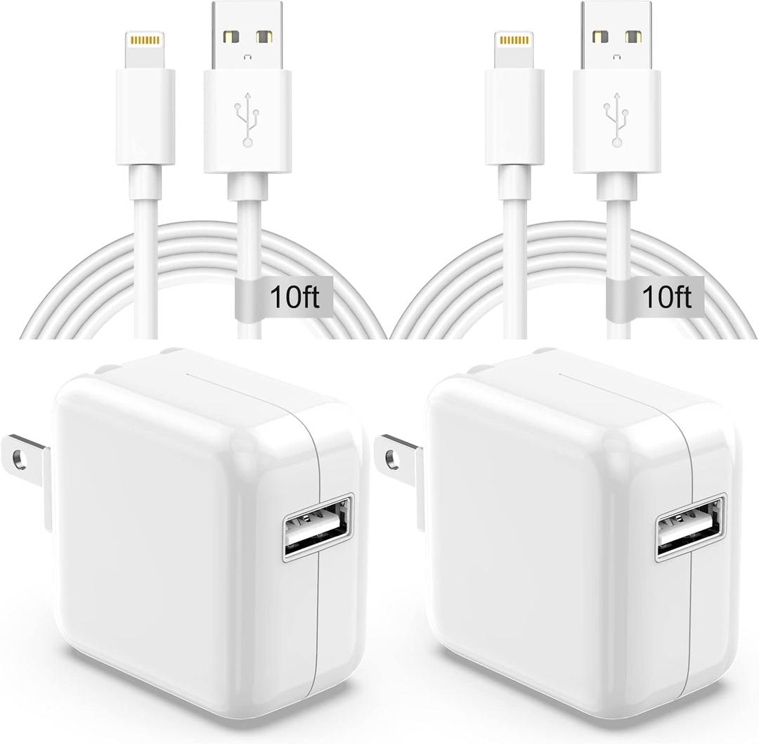 Apple iPad Charger Wall Charger and Cord 10 ft 2Set,12W iPad Fast Charging Block and Cord 10 ft Apple Certified Lightning Cable for iPad 7th 8th 9th Generation/Air/Mini,iPhone