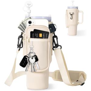 dabria Water Bottle Carrier Bag with Phone Pocket for Stanley 40/30 oz Tumbler Neoprene Water Bottle Holder Pouch with Adjustable Strap Bollus with Straw Cover & Carabiner for Stanley Cup Accessories (Cream)