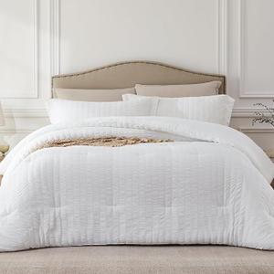 Quataly White Oversized Queen Comforter Set 3 Pieces Seersucker Lightweight Bedding Comforter Sets (1 Soft Fluffy Comforter & 2 Pillowcases) All Seasons Cozy Modern Bed Sets for Women Men, White