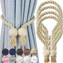 4 Pack Magnetic Curtain Tiebacks Cotton Hand Woven Tie Back Decorative Rope Holdbacks for Curtains Draperies No Tools Required, Dark Beige